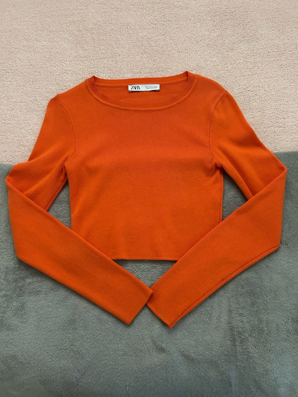 ZARA Bright Orange Long-Sleeve Cropped Knit Top